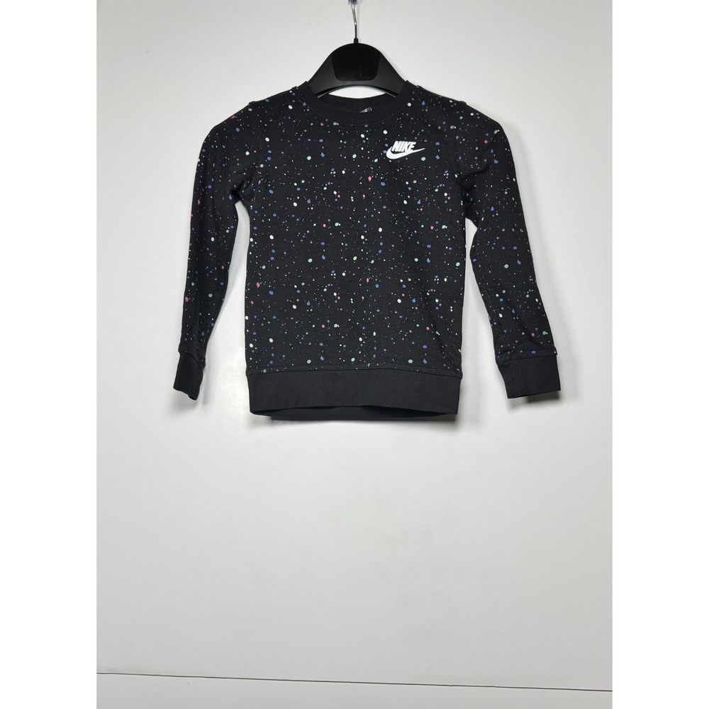 Nike Sweatshirt Kids Large 6-7 Black Swoosh Logo Paint Splatter Print Ribbed
